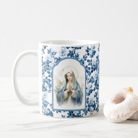 Religious Blue Floral gesegnete Mutter Mary Kaffeetasse (Mit Donut)