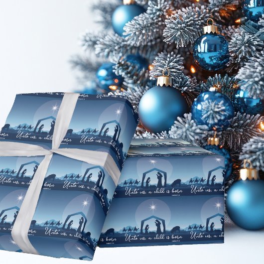 Religious Christmas Nativity Scene Blue Geschenkpapier