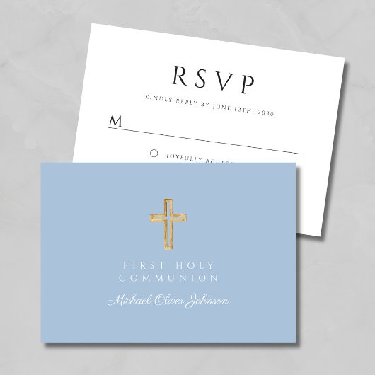 Religious Cross Baby Blue Boy First Communion RSVP Karte
