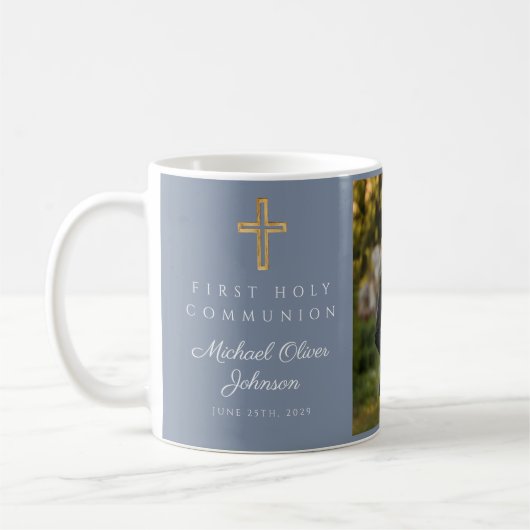 Religious Cross Blue Boy First Communion Foto Kaffeetasse (Links)