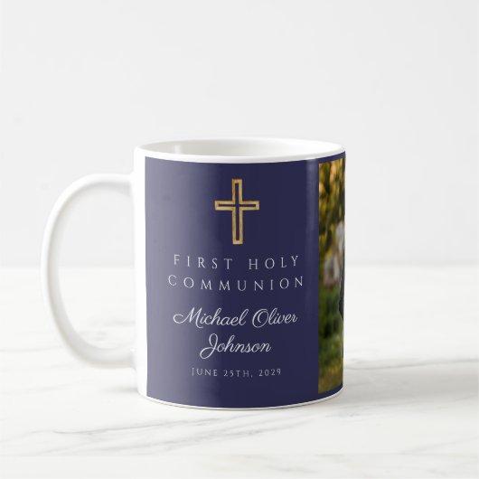 Religious Cross Blue Boy First Communion Foto Kaffeetasse (Links)