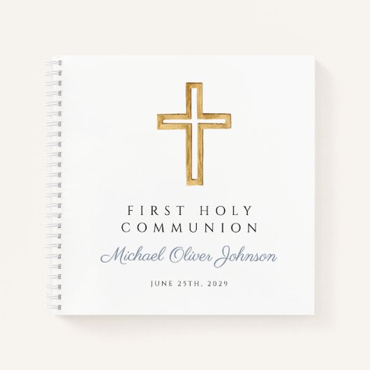 Religious Cross Blue Boy First Communion Guestbook Notizblock (Vorderseite)