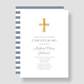 Religious Cross Blue Stripes Boy Christening Einladung