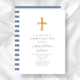 Religious Cross Blue Stripes Boy Christening Einladung