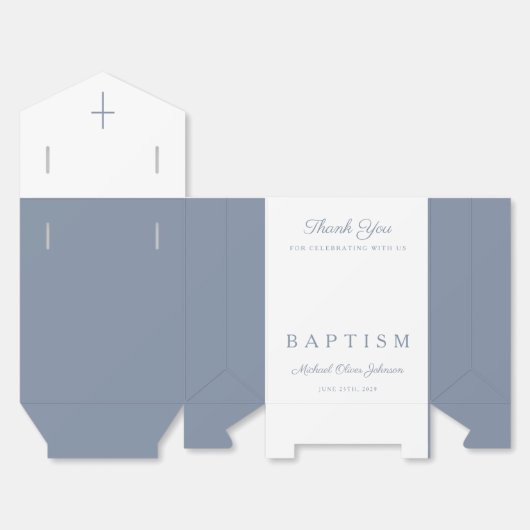 Religious Cross Dusty Blue Script Boy Baptism Geschenkschachtel (Ungefaltet)