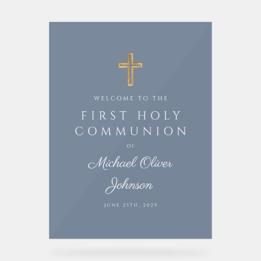 Religious Dusty Blue Boy Erste Kommunion Willkomme Acrylschild (Vorderseite)