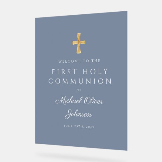 Religious Dusty Blue Boy First Communion Welcome Acrylschild (Winkel)