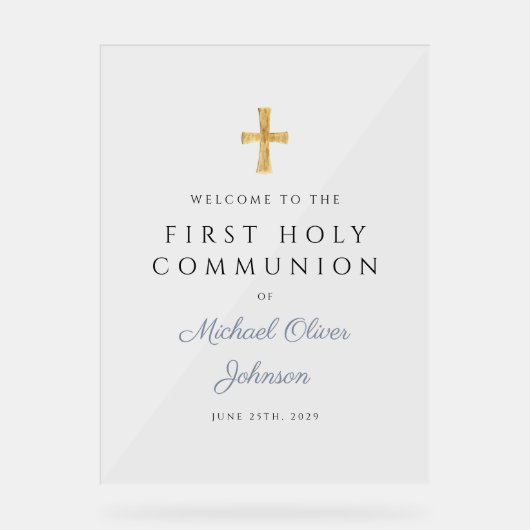 Religious Dusty Blue Boy First Communion Welcome Acrylschild (Vorderseite)