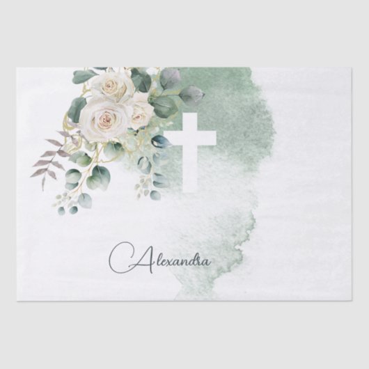 Religious Elegant Roses Green Cross Personal Seidenpapier (Vorderseite)