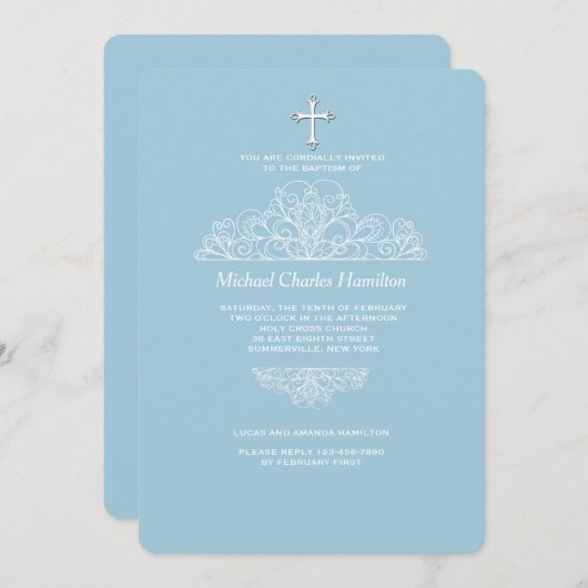 Religious Filigree Blue Einladung (Vorne/Hinten)