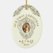 Religious First Christmas Mr. und Mrs. Wedding Keramik Ornament (Vorne)