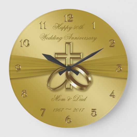 Religious Golden 50. Wedding Anniversary Clock Große Wanduhr (Vorderseite)