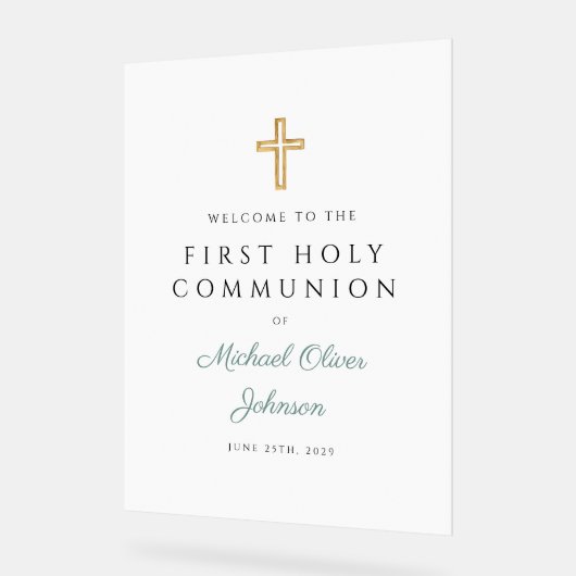 Religious Green Boy First Communion Welcome Acrylschild (Winkel)