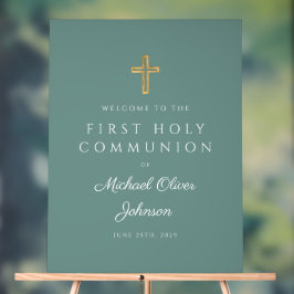 Religious Green Boy First Communion Welcome Acrylschild