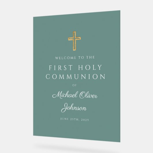 Religious Green Boy First Communion Welcome Acrylschild (Winkel)