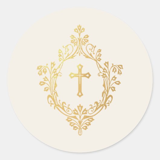 Religious Ivory Faux Gold Cross in Crest Vintage  Runder Aufkleber (Vorderseite)