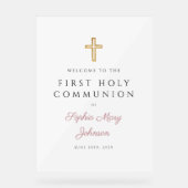 Religious Pink Script Girl First Communion Welcome Acrylschild (Vorderseite)