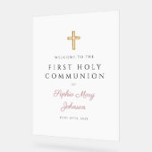 Religious Pink Script Girl First Communion Welcome Acrylschild (Winkel)