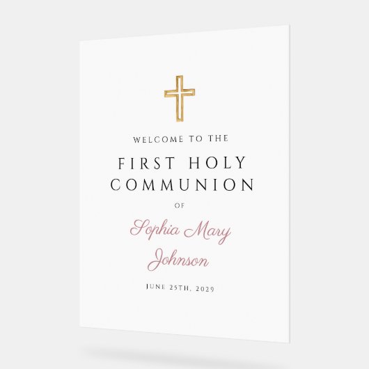 Religious Pink Script Girl First Communion Welcome Acrylschild (Winkel)