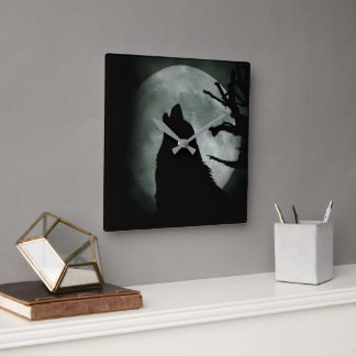 Reloj de Pared - Lobo Aullando a la luna Llena Quadratische Wanduhr