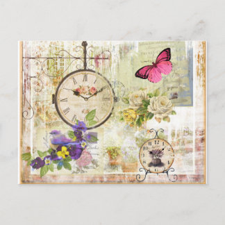 Reloj y mariposa rosa Vintag con flor violeta Postkarte