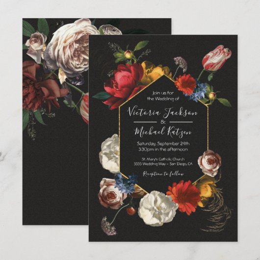 Rembrandt Floral Dark & Moody Wedding Einladung (Vorne/Hinten)