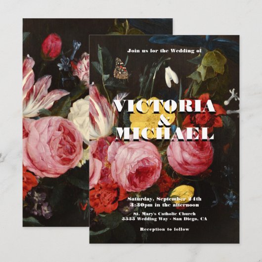 Rembrandt Floral Dark & Moody Wedding Einladung (Vorne/Hinten)