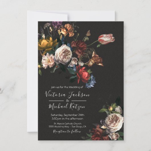 Rembrandt Floral Dark & Moody Wedding Einladung (Vorderseite)
