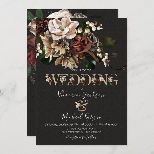 Rembrandt Floral Dark & Moody Wedding Einladung (Vorne/Hinten)