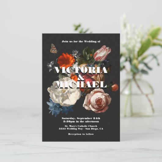 Rembrandt Floral Dark & Moody Wedding Einladung (Stehend Vorderseite)