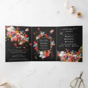 Rembrandt Floral Dark & Moody Wedding Kessel Dreifach Gefaltete Einladung