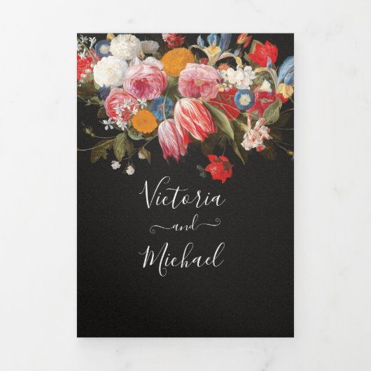 Rembrandt Floral Dark & Moody Wedding Kessel Dreifach Gefaltete Einladung (Cover)