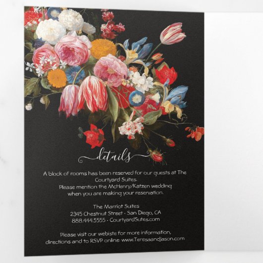 Rembrandt Floral Dark & Moody Wedding Kessel Dreifach Gefaltete Einladung (Innen Erste Seite)