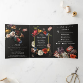 Rembrandt Floral Dark & Moody Wedding Tri-Fold Inv Dreifach Gefaltete Einladung