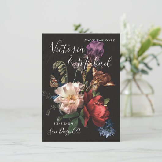 Rembrandt Floral Save the Date Wedding Einladung (Stehend Vorderseite)