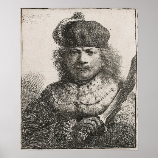 Rembrandt - Selbstportrait mit erhöhtem Säbel 1634 Poster (Vorne)