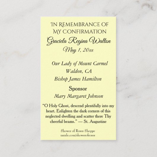 Remembrance Card Dove Host Sacrament Confirmation Visitenkarte (Rückseite)
