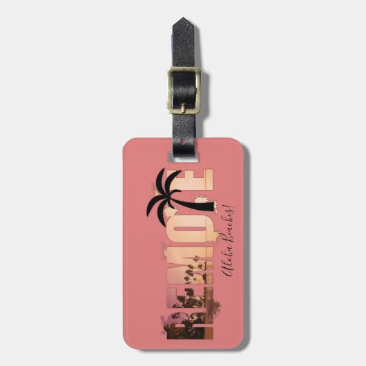 Remote Sunset Beach Palm Tree Word Art Gepäckanhänger (Vorderseite vertikal)