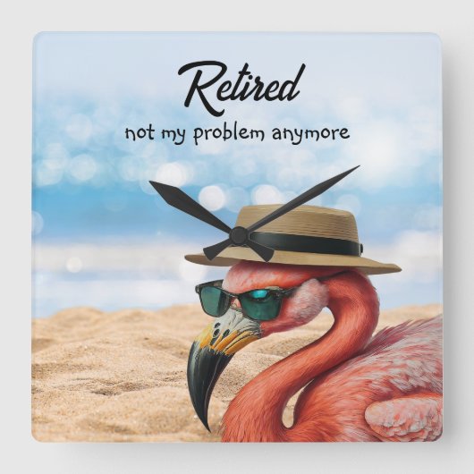 Remüde Flamingo am Strand mit Hut und Sonnenbrille Quadratische Wanduhr (Vorderseite)