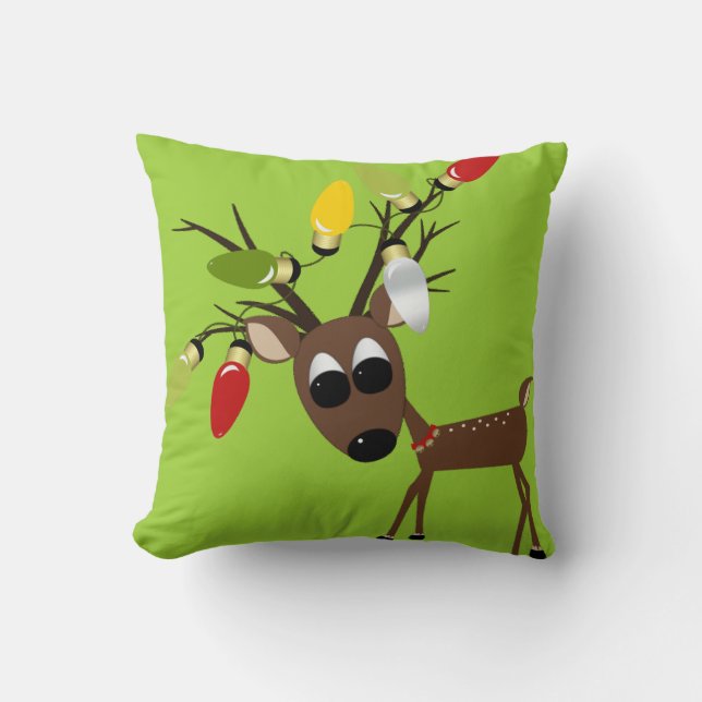 Ren mit Weihnachtsbaum-Lichtern Kissen (Vorderseite)