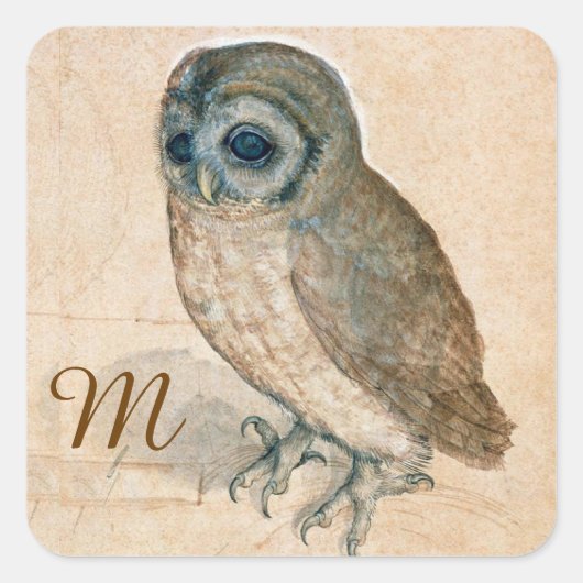RENAISSANCE ANIMAL ZEICHNUNGEN /DAS OWL Monogramm Quadratischer Aufkleber (Vorderseite)