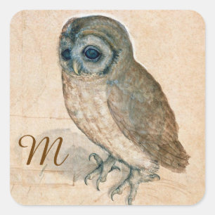 RENAISSANCE ANIMAL ZEICHNUNGEN /DAS OWL Monogramm Quadratischer Aufkleber