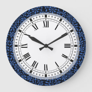 Renaissance-Blumenmuster in dunkelblau Große Wanduhr