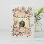 Renaissance-Blumenrahmen Einladung zur Hochzeit (Stehend Vorderseite)