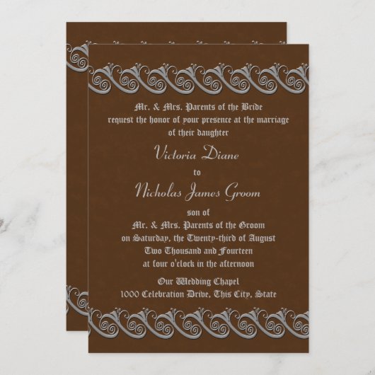 Renaissance Brown mit Pewter Wedding Einladung (Vorne/Hinten)