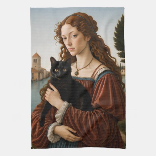 Renaissance-Frau mit einer schwarzen Katze Geschirrtuch (Vertikal)