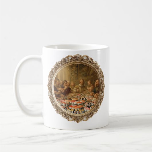 Renaissance-Gemälde-Parodie: Mann isst Sushi Kaffeetasse (Links)