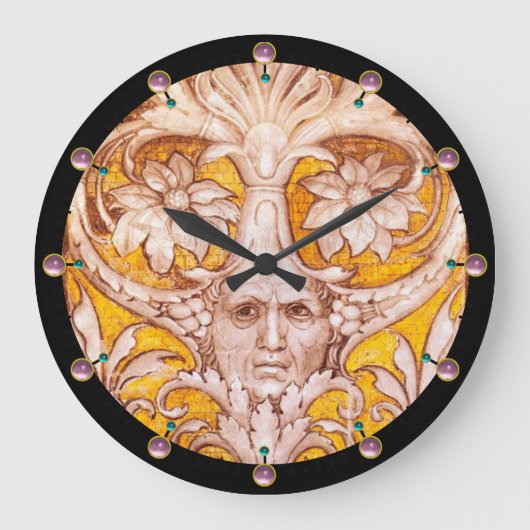 RENAISSANCE GROTESQUE GESICHT MIT GOLDWEISSEN BLUM GROßE WANDUHR (Vorderseite)
