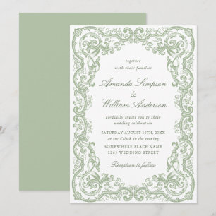 Renaissance-Ornamentale-Blumen-Sage-Grün-Hochzeit Einladung