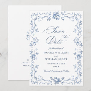 Renaissance-Ornamentale Florale Staubblaue Hochzei Save The Date